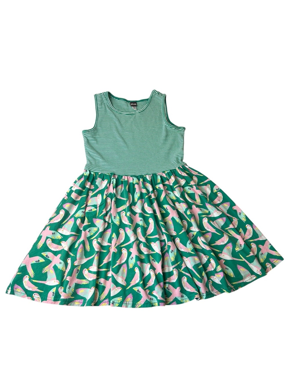 Tea Girls Size 12 Mixed Print Birds/Stripes Green/Pink Sleeveless Skater Dress